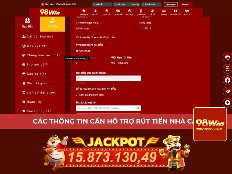 Cách nạp và rút tiền tại 98Win